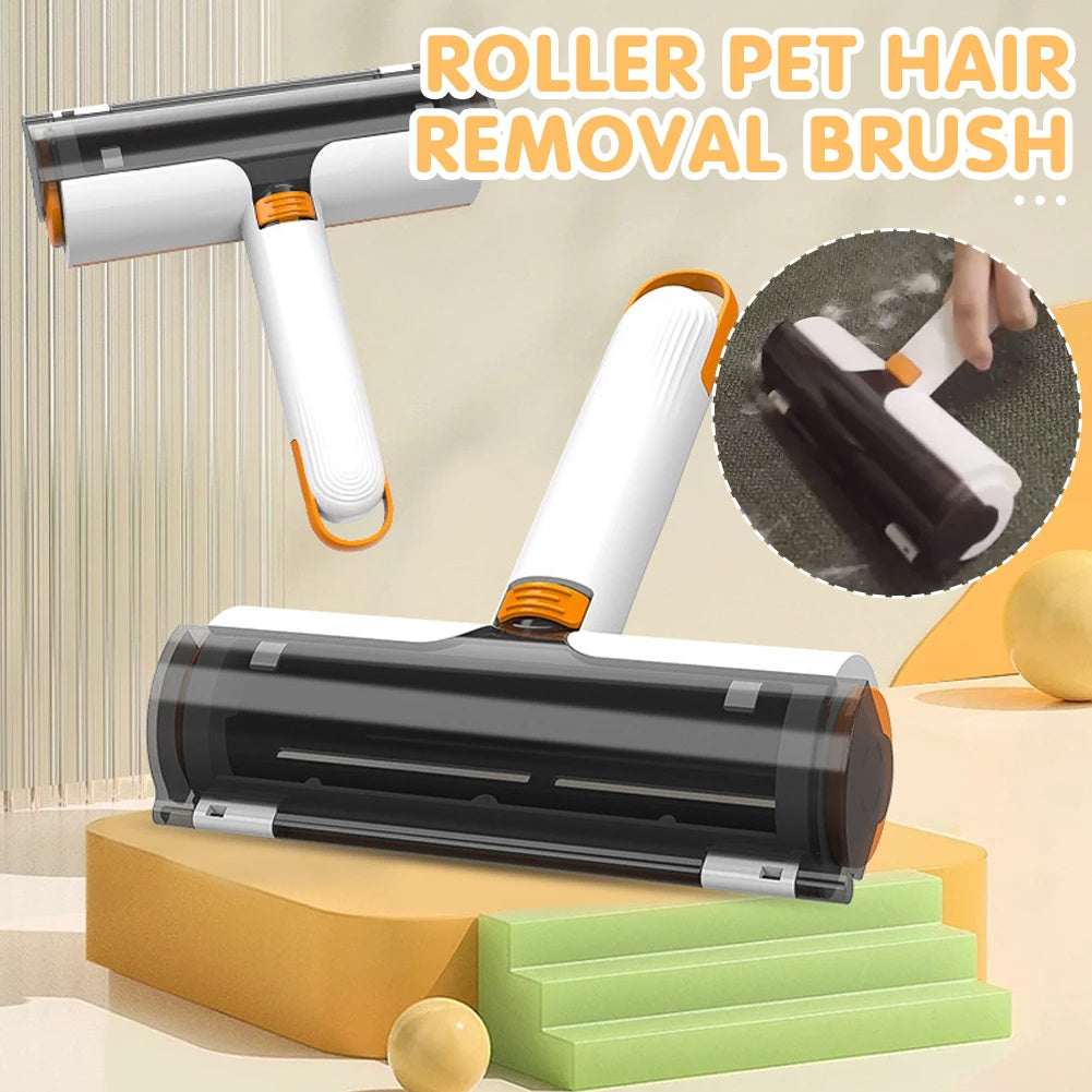 Self-cleaning pet hair remover brush on black fabric
