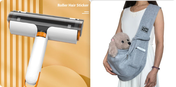 Self-cleaning pet hair remover brush on black fabric

