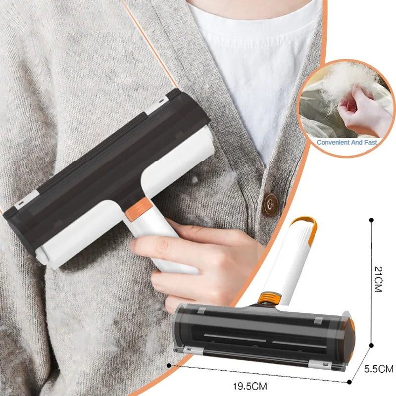 Self-cleaning pet hair remover brush on black fabric
