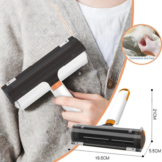 Self-cleaning pet hair remover brush on black fabric
