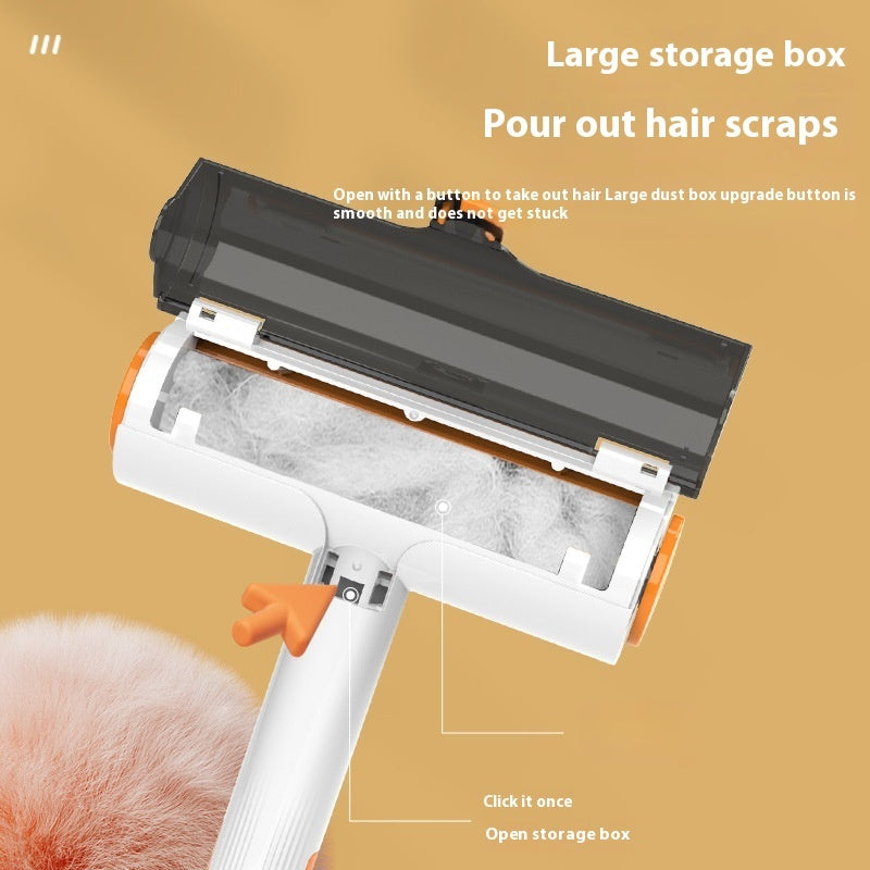 Self-cleaning pet hair remover brush on black fabric
