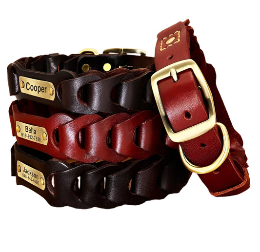 “braided leather dog collar for medium and large breeds”

“genuine cowhide dog collar with zinc alloy buckle”

“adjustable premium leather collar in vermilion and dark brown”