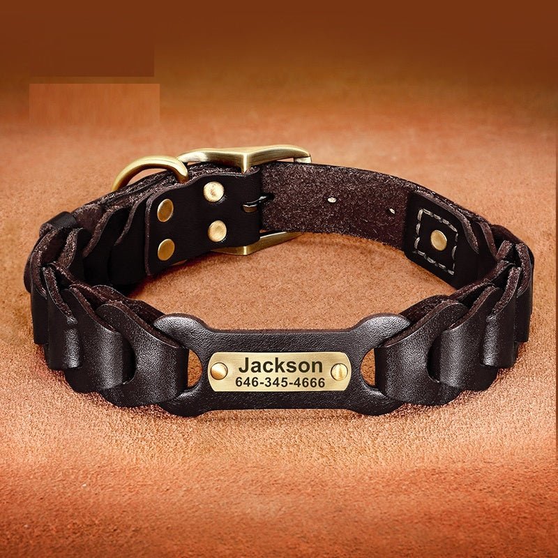 “braided leather dog collar for medium and large breeds”

“genuine cowhide dog collar with zinc alloy buckle”

“adjustable premium leather collar in vermilion and dark brown”