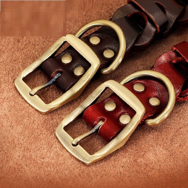 “braided leather dog collar for medium and large breeds”

“genuine cowhide dog collar with zinc alloy buckle”

“adjustable premium leather collar in vermilion and dark brown”