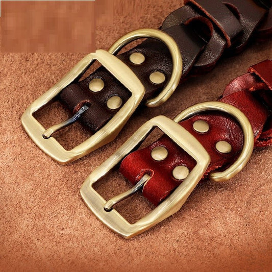 “braided leather dog collar for medium and large breeds”

“genuine cowhide dog collar with zinc alloy buckle”

“adjustable premium leather collar in vermilion and dark brown”