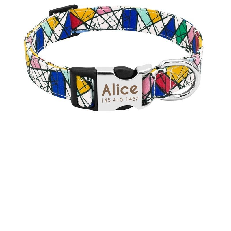 custom nylon dog collar with engraved name tag for large breeds”

“adjustable ID dog collar in red, blue, and orange”

“personalized collar for medium dogs with engraved tag”
