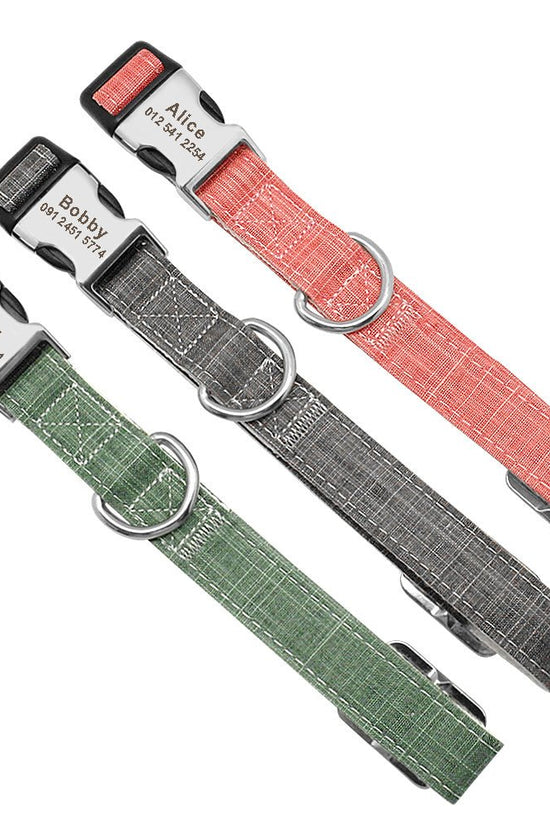 custom nylon dog collar with engraved name tag for large breeds”

“adjustable ID dog collar in red, blue, and orange”

“personalized collar for medium dogs with engraved tag”