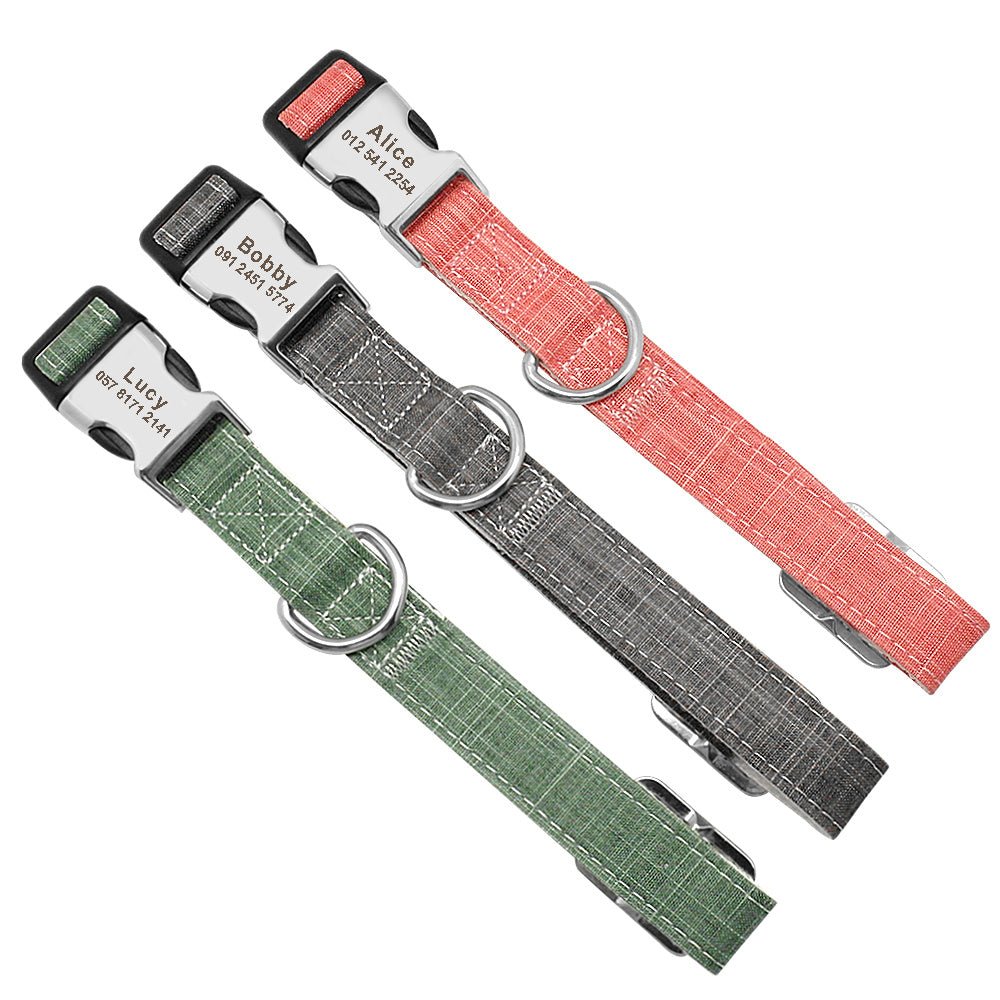 custom nylon dog collar with engraved name tag for large breeds”

“adjustable ID dog collar in red, blue, and orange”

“personalized collar for medium dogs with engraved tag”