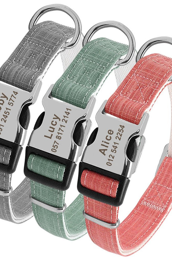 custom nylon dog collar with engraved name tag for large breeds”

“adjustable ID dog collar in red, blue, and orange”

“personalized collar for medium dogs with engraved tag”