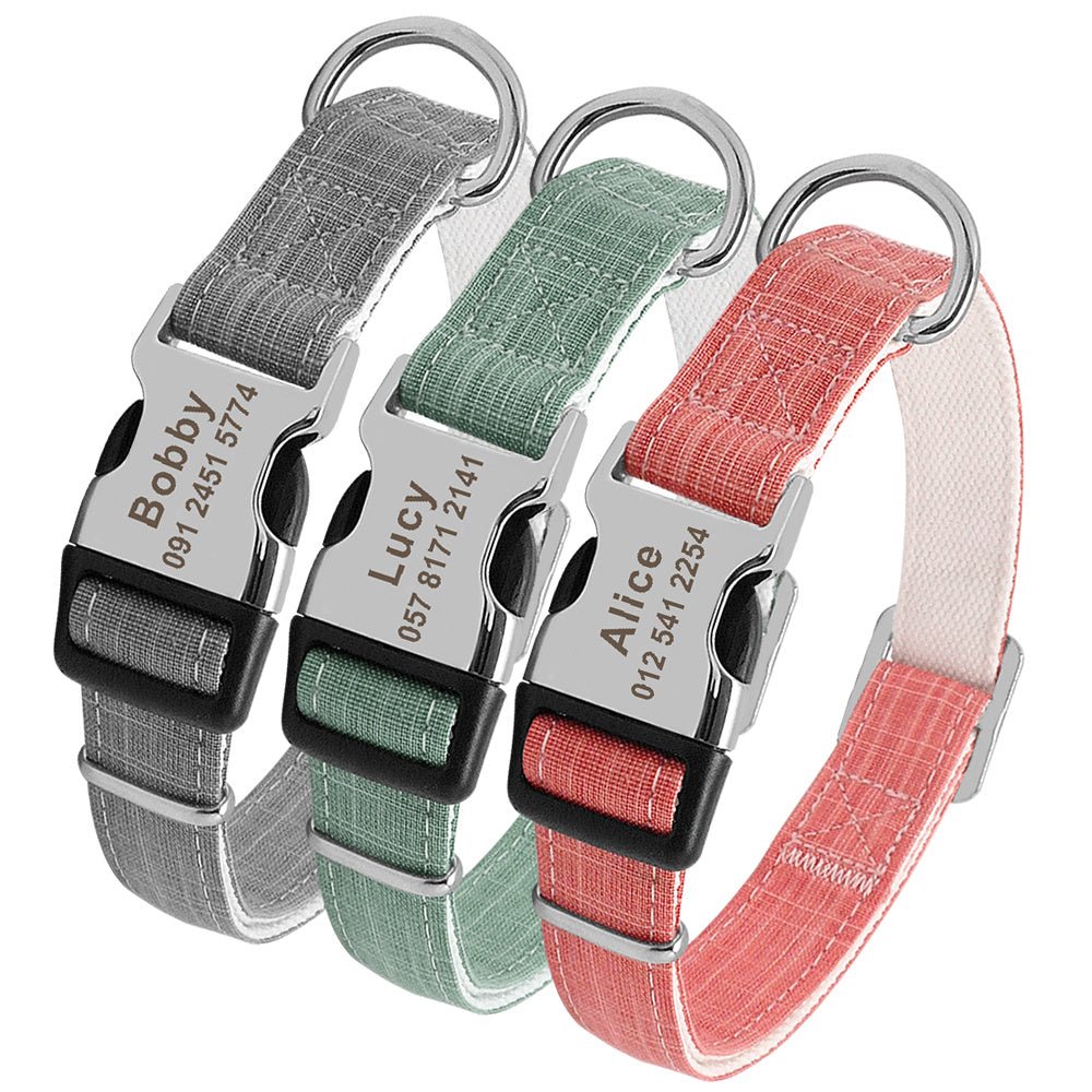 custom nylon dog collar with engraved name tag for large breeds”

“adjustable ID dog collar in red, blue, and orange”

“personalized collar for medium dogs with engraved tag”