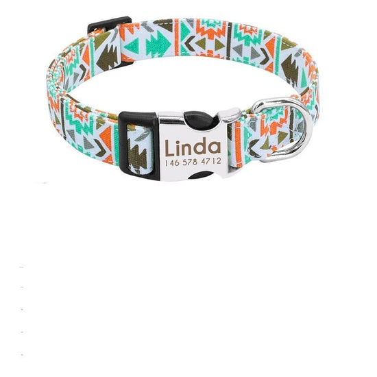 custom nylon dog collar with engraved name tag for large breeds”

“adjustable ID dog collar in red, blue, and orange”

“personalized collar for medium dogs with engraved tag”
