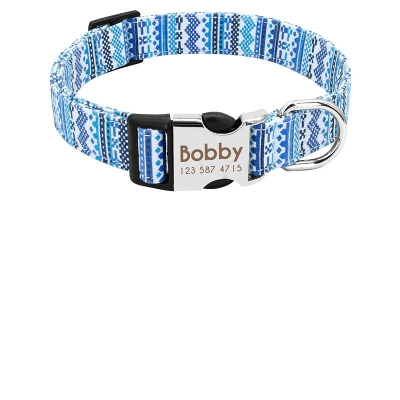 custom nylon dog collar with engraved name tag for large breeds”

“adjustable ID dog collar in red, blue, and orange”

“personalized collar for medium dogs with engraved tag”