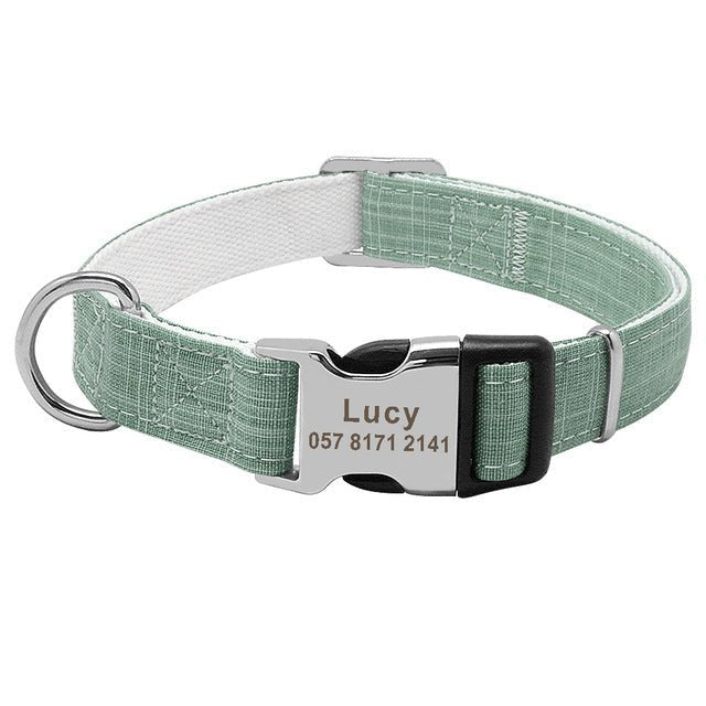 custom nylon dog collar with engraved name tag for large breeds”

“adjustable ID dog collar in red, blue, and orange”

“personalized collar for medium dogs with engraved tag”