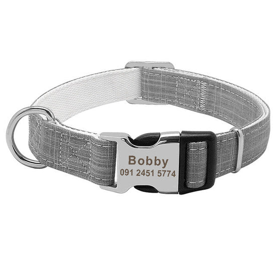 custom nylon dog collar with engraved name tag for large breeds”

“adjustable ID dog collar in red, blue, and orange”

“personalized collar for medium dogs with engraved tag”