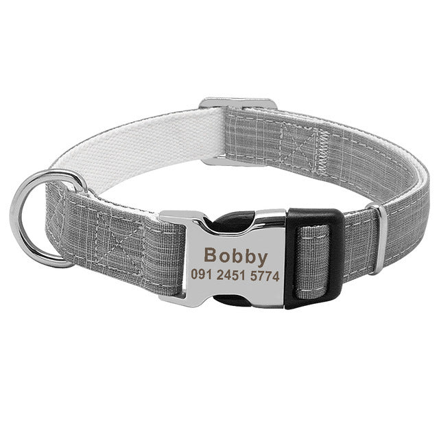 custom nylon dog collar with engraved name tag for large breeds”

“adjustable ID dog collar in red, blue, and orange”

“personalized collar for medium dogs with engraved tag”