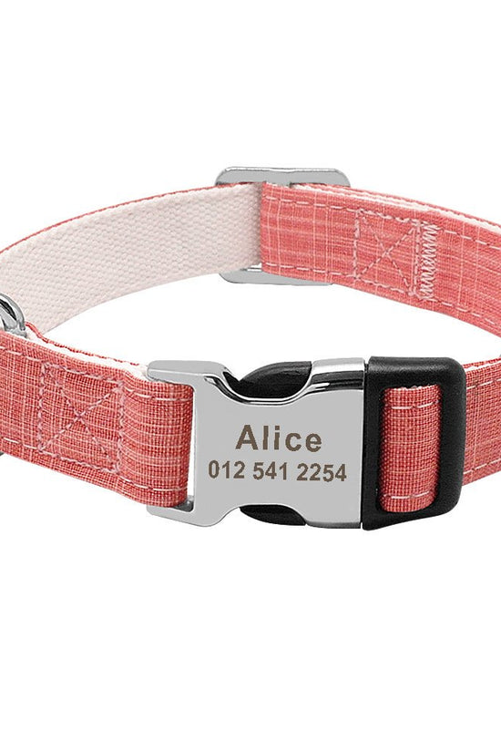 custom nylon dog collar with engraved name tag for large breeds”

“adjustable ID dog collar in red, blue, and orange”

“personalized collar for medium dogs with engraved tag”