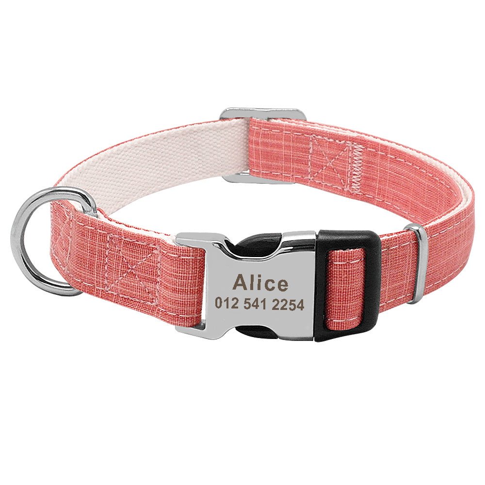 custom nylon dog collar with engraved name tag for large breeds”

“adjustable ID dog collar in red, blue, and orange”

“personalized collar for medium dogs with engraved tag”