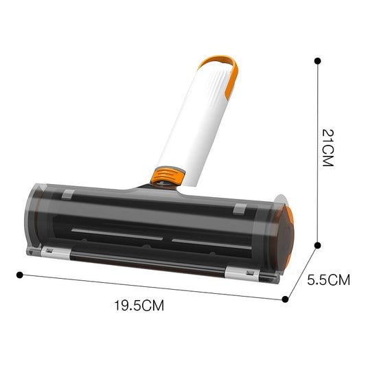 Self-cleaning pet hair remover brush on black fabric
