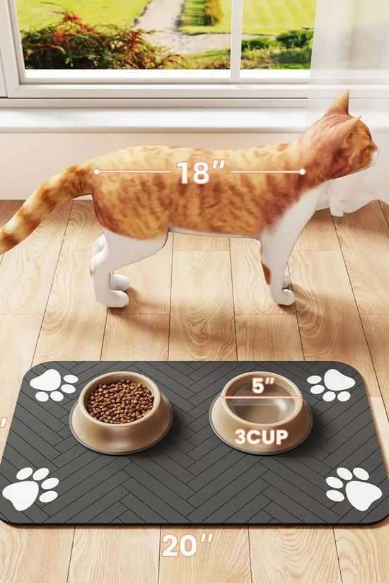 Soft absorbent pet feeding mat under dog food and water bowls