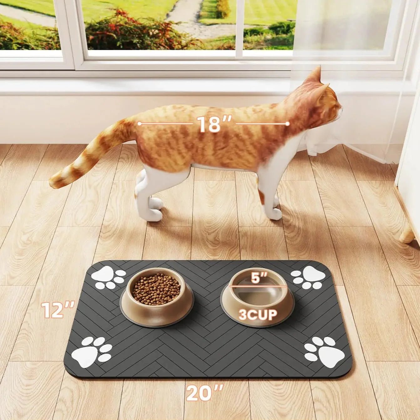 Soft absorbent pet feeding mat under dog food and water bowls