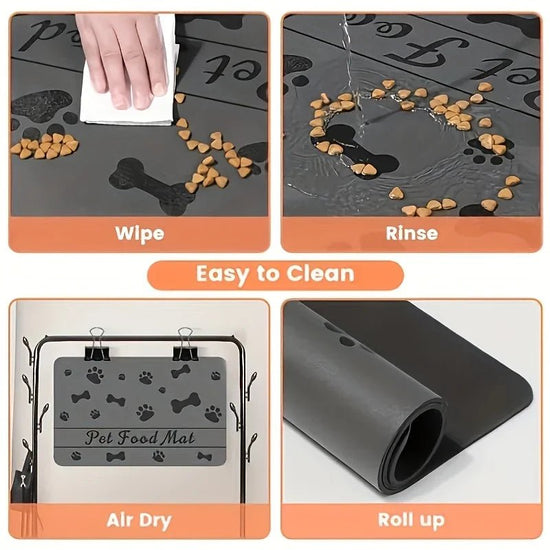 Soft absorbent pet feeding mat under dog food and water bowls