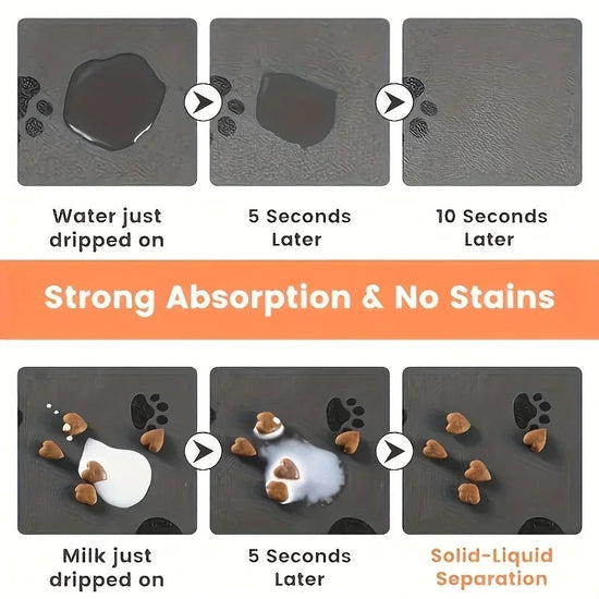 Soft absorbent pet feeding mat under dog food and water bowls
