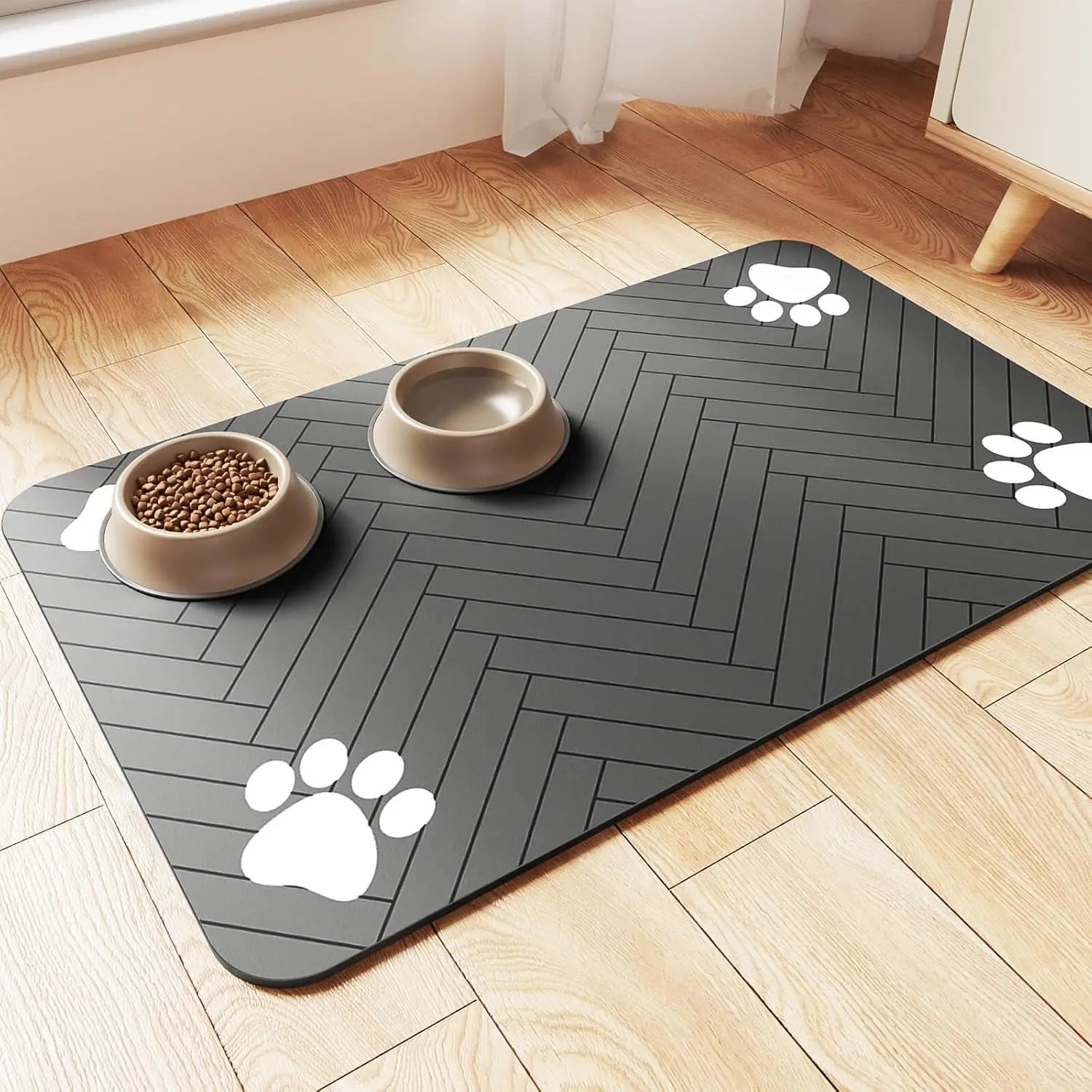 Soft absorbent pet feeding mat under dog food and water bowls