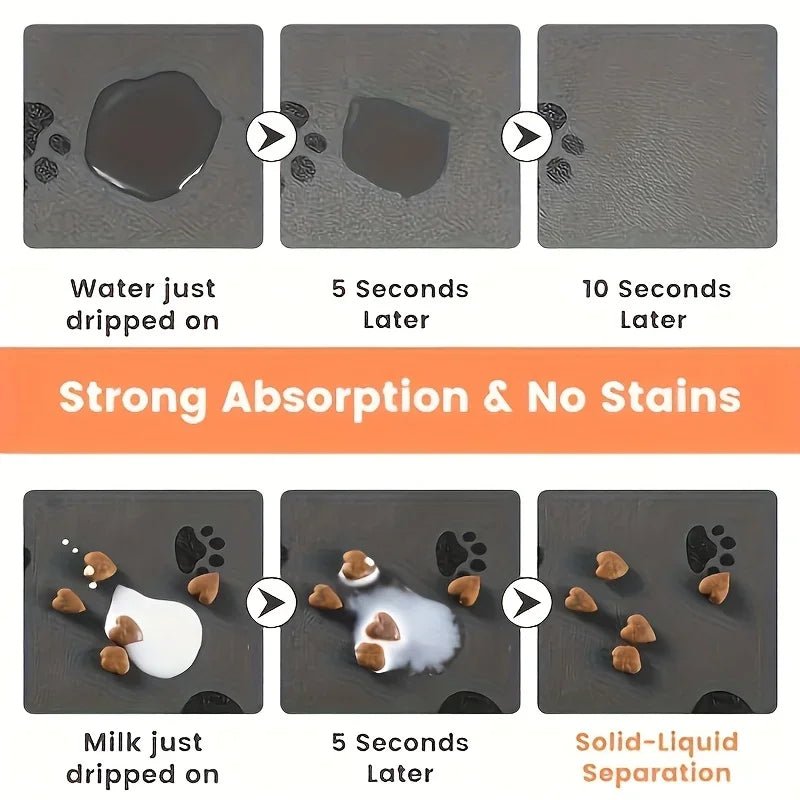 Soft absorbent pet feeding mat under dog food and water bowls