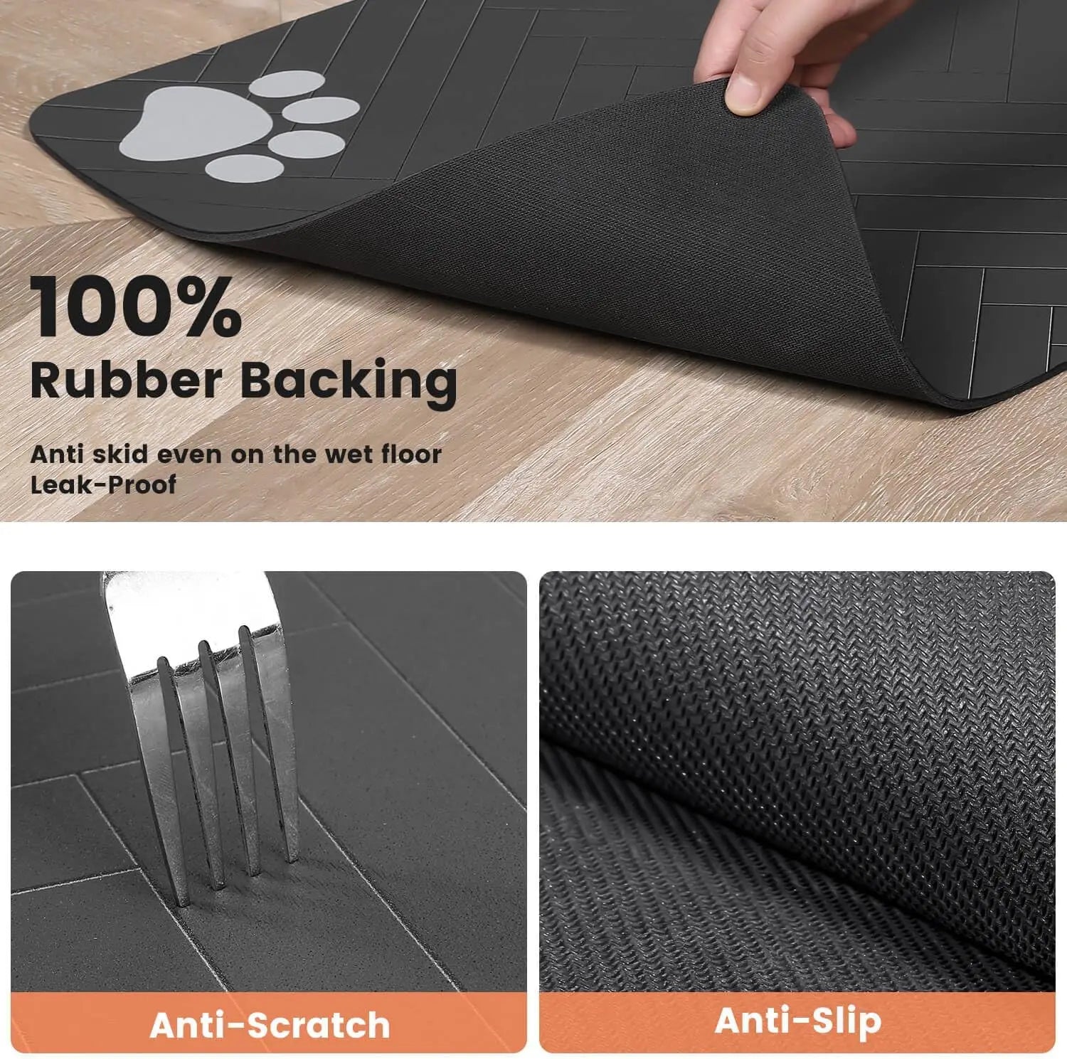 Soft absorbent pet feeding mat under dog food and water bowls