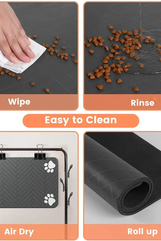 Soft absorbent pet feeding mat under dog food and water bowls