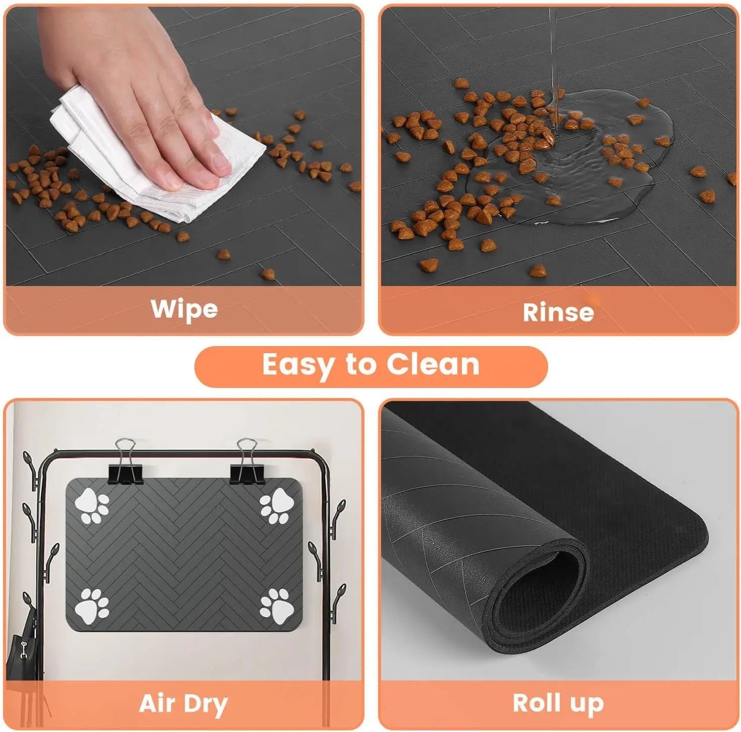 Soft absorbent pet feeding mat under dog food and water bowls