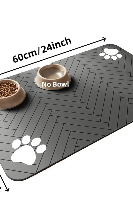 Soft absorbent pet feeding mat under dog food and water bowls