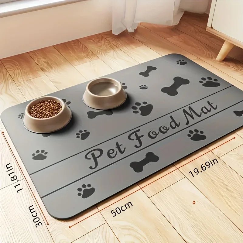 Soft absorbent pet feeding mat under dog food and water bowls