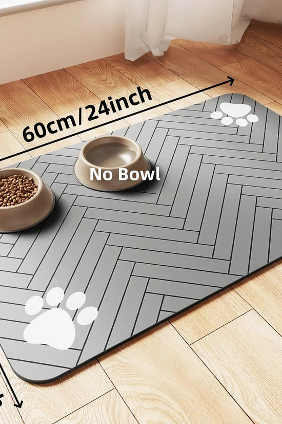 Soft absorbent pet feeding mat under dog food and water bowls