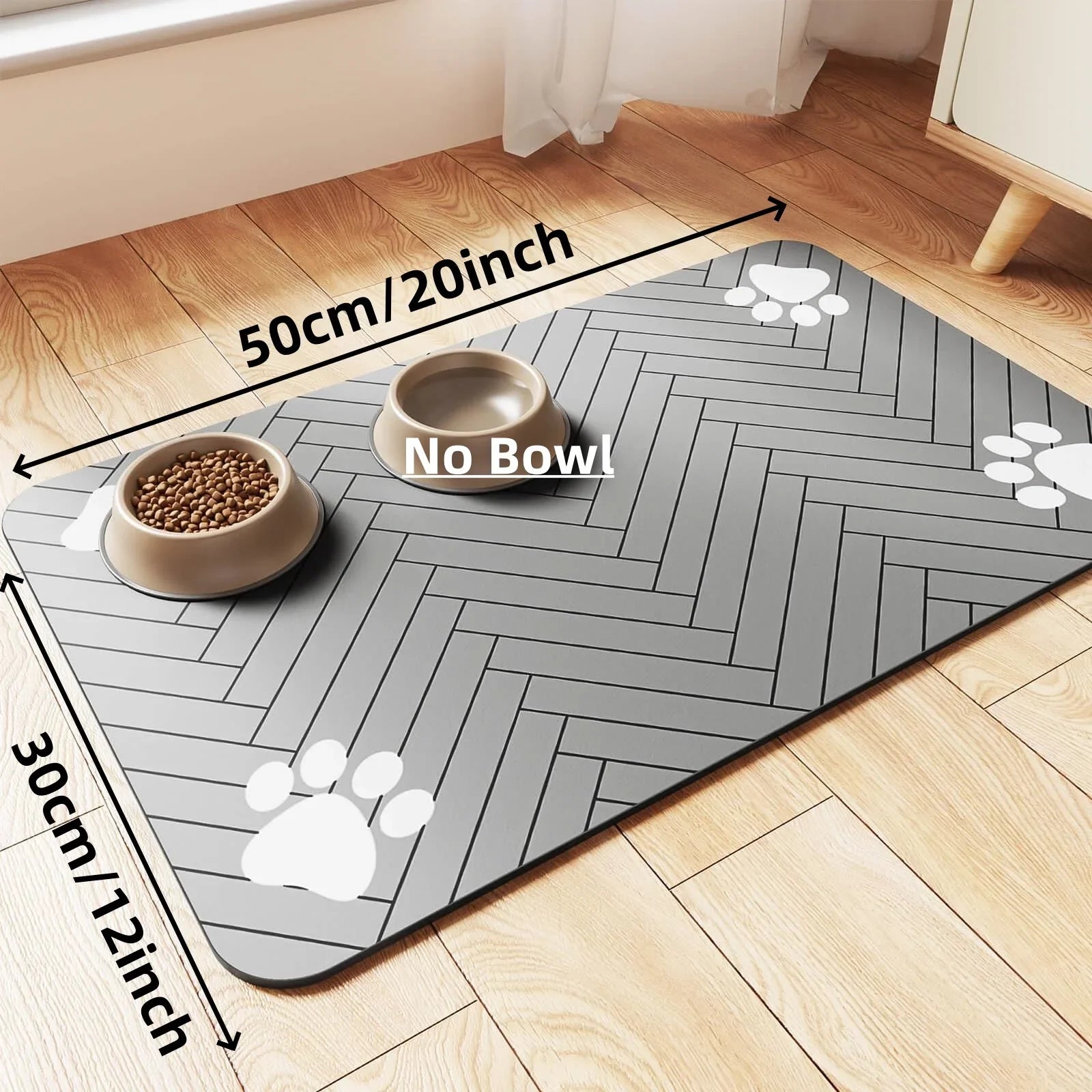Soft absorbent pet feeding mat under dog food and water bowls