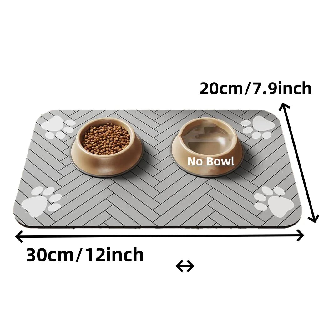 Soft absorbent pet feeding mat under dog food and water bowls