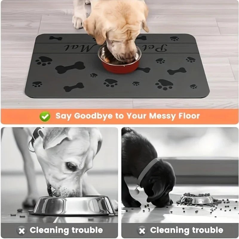 Soft absorbent pet feeding mat under dog food and water bowls