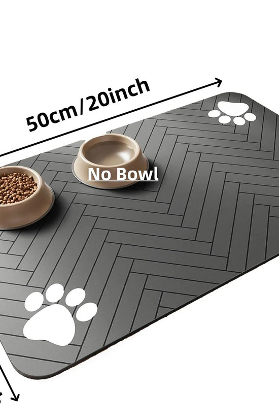 Soft absorbent pet feeding mat under dog food and water bowls
